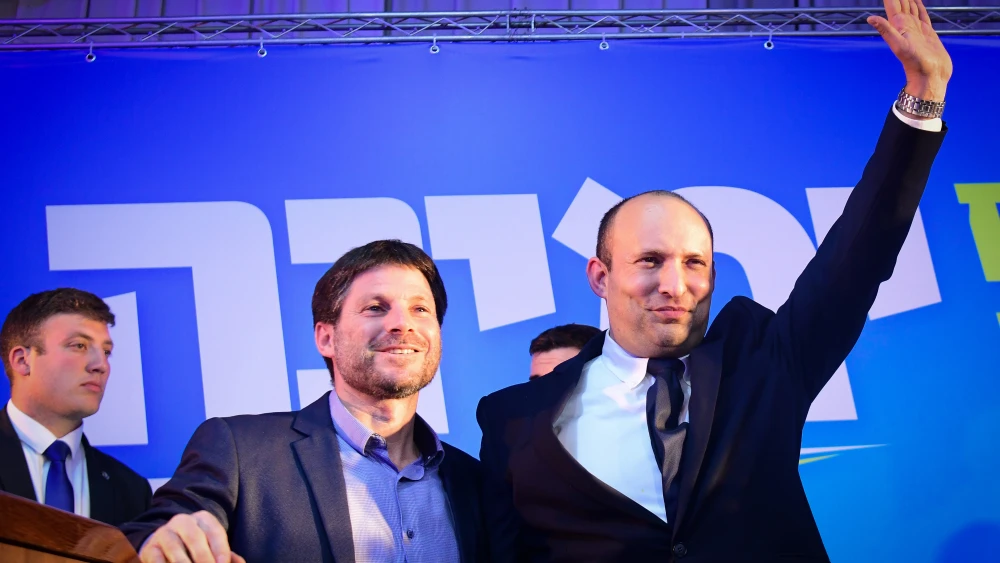 Israeli Minister of Defense and leader of the Yamina Party Naftali Bennett with Transportation Minister Bezalel Smotrich at Yamina Party headquarters in Ramat Gan on election night, March 2, 2020. Photo by Flash90.