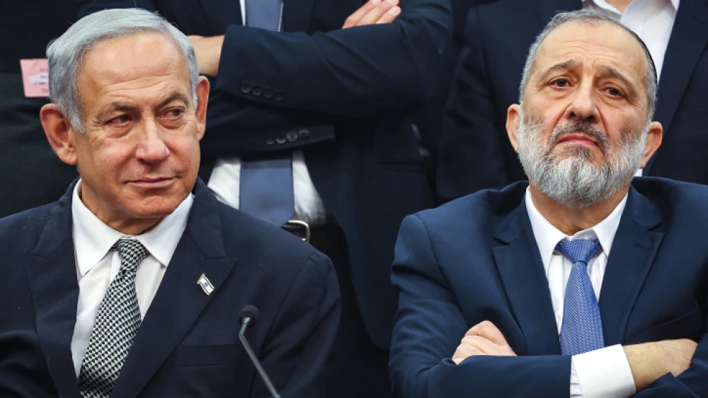 Israeli Prime Minister Benjamin Netanyahu and Shas Chairman Aryeh Deri attend a Shas Party faction meeting at the Knesset, Jan. 23, 2023. Photo by Yonatan Sindel/Flash90.