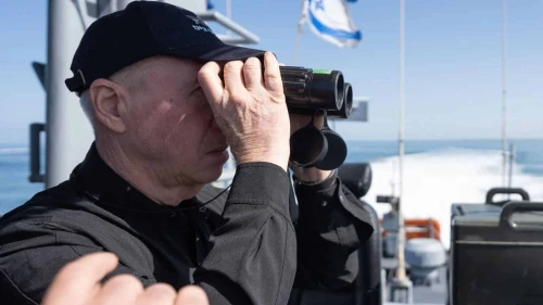 Israeli Defense Minister Yoav Gallant aboard a Dvora–type Israel Navy fast patrol boat off the coast of Gaza, March 10, 2024. Credit: Elad Malka.
