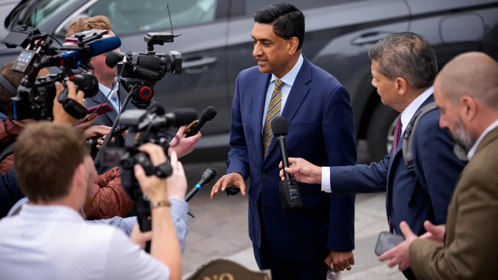 Rep. Ro Khanna (D-Calif.) speaks to members of the media near the U.S. Capitol Building in Washington, D.C., as he arrives for the last votes of the week before the Memorial Day recess, May 21, 2026. Photo by Andrew Harnik/Getty Images.