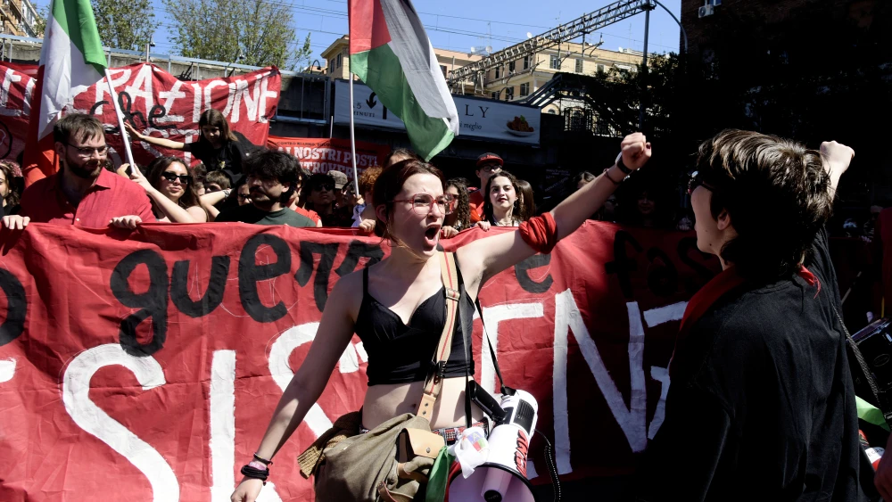 Students participate in the anti-fascist demonstration organized by the ANPI (National Association of Partisans of Italy) on the 81st anniversary of the liberation of Italy, in Rome on April 25, 2026. Photo by Simona Granati-Corbis/Corbis via Getty Images.