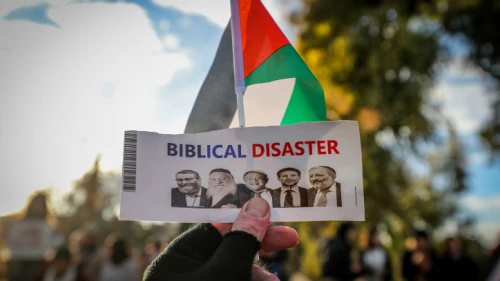 Palestinians protest against the evacuation of squatters from the eastern Jerusalem neighborhood of Sheikh Jarrah with a sign denigrating Jewish history and the Israeli government, Jan. 13, 2023. Photo by Jamal Awad/Flash90.