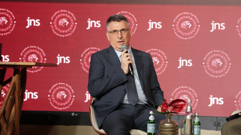 Israeli Foreign Minister Gideon Sa’ar speaks at the JNS 2026 International Policy Summit in Jerusalem, June 23, 2026. Credit: JNS.