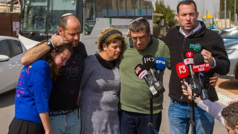 The family of brothers Hallel, 21, and Yagel Yaniv, 19, whom terrorists shot dead near Nablus, speak to reporters in Har Bracha, Feb. 27, 2023. Credit: Flash90.