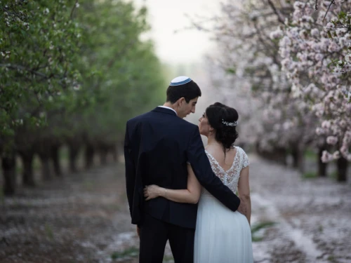 An Israeli couple on their wedding day photoshoot in a blossoming almond tree field in Latrun, near Jerusalem, on Feb. 25, 2019. Photo by Hadas Parush/Flash90.