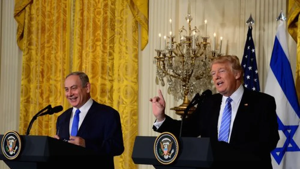 Israeli Prime Minister Benjamin Netanyahu and U.S. President Donald Trump hold a joint press conference at the White House Feb. 15, 2017. Credit: Avi Ohayon/GPO.