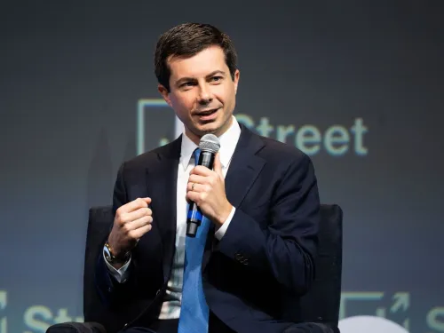 Former U.S. transportation secretary Pete Buttigieg speaking at the annual J Street Conference in Washington D.C., on Oct. 28, 2019. Credit: Michael Brochstein/Split Stone Media.