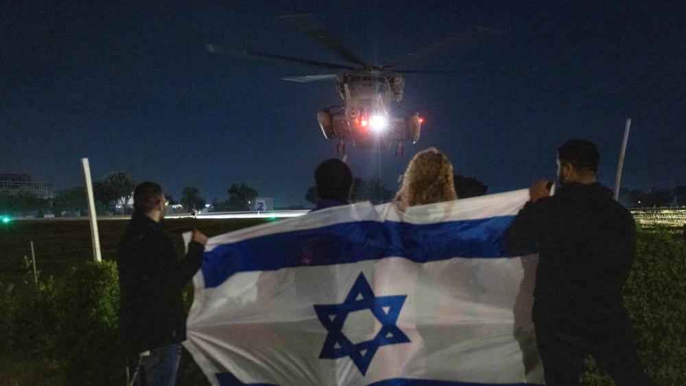 An Israeli Air Force helicopter with freed Israeli hostages arrives at Sheba Medical Center in Ramat Gan, on Nov. 28, 2023. Photo by Chaim Goldberg/Flash90.
