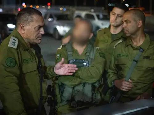Israel Defense Forces Chief of Staff Lt. Gen. Eyal Zamir conducts an assessment at the scene of the terrorist attack at the Gush Etzion Junction shopping mall in Judea where Shalev Zvuluny was murdered, July 10, 2025. Credit: IDF.