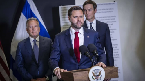 U.S. Vice President JD Vance delivers a statement to the media alongside U.S. Middle East envoy Steve Witkoff and Jared Kushner, Kiryat Gat, Israel, Oct. 21, 2025. Photo by Chaim Goldberg/Flash90.