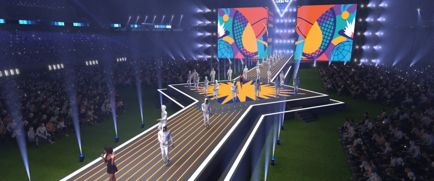 A simulation of the opening ceremony for the 2026 Maccabiah Games, scheduled to take place on July 1 at Teddy Stadium in Jerusalem. Credit: Maccabi World Union.