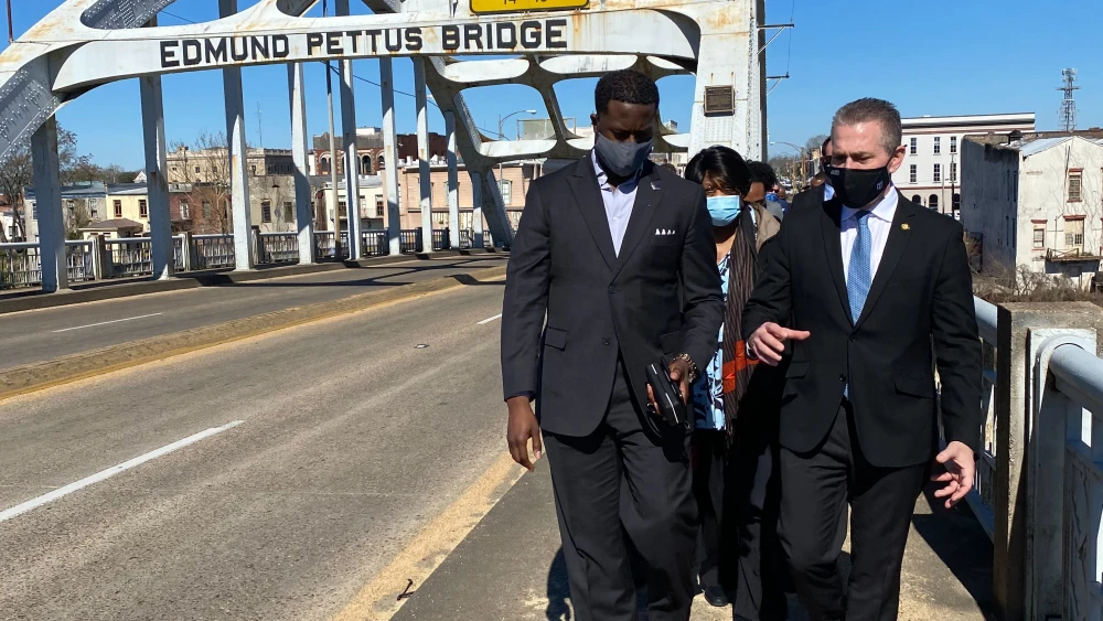 Israeli Ambassador to the United States Gilad Erdan talks with David Jackson of the Philos Project while crossing the Edmund Pettus Bridge, site of the 1965 “Bloody Sunday” civil-rights demonstrations. Credit: Southern Jewish Life.