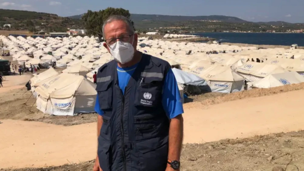 Dr. Elhanan Bar-On at the Lesbos refugee camp. Credit: Sheba Medical Center.