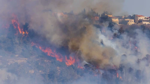 View of flames near moshav Giva'at Ye'arim outside of Jerusalem that began on Sunday and have continued to spread, Aug. 16, 2021. Credit: Yonatan Sindel/Flash90.