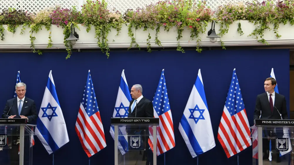 Israeli Prime Minister Benjamin Netanyahu with Jared Kushner, senior advisor to President Donald Trump, and National Security Advisor Robert O'Brien at a press conference. Credit: Prime Minister's Office.