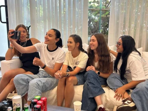 Israeli actress Gal Gadot (second from left) meets with freed Hamas hostages Doron Steinbrecher, Liri Albag, Naama Levy, Moran Stella Yanai and Ilana Gritzewsky, July 22, 2025. Credit: Hostages and Missing Families Forum.