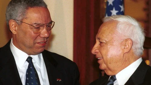 Former U.S. Secretary of State Colin Powell meets with Israeli Prime Minister-elect Ariel Sharon in 2001. Credit: Shauli Shem-Tov/Flash90.