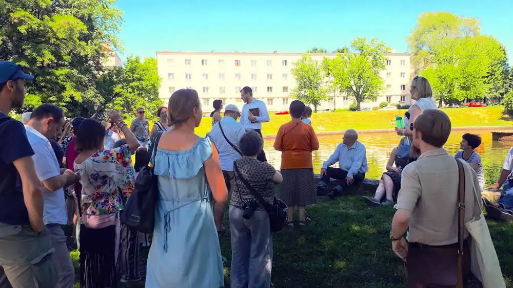 Residents of Lodz, Poland, take a tour of the area's historical landmarks, June 2019. Photo by Natalia Soral.