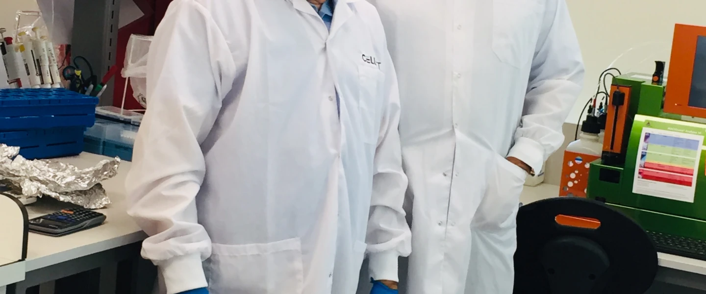 Dr. Shai Yarkoni (left) and Nuriel Chirich Kasbian in their lab at Cellect Biotechnology. Credit: Maayan Jaffe-Hoffman.