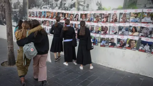 Pictures of civilians held hostage by Hamas terrorists in Gaza, in Jerusalem, Nov. 22, 2023. Photo by Chaim Goldbergl/Flash90.
