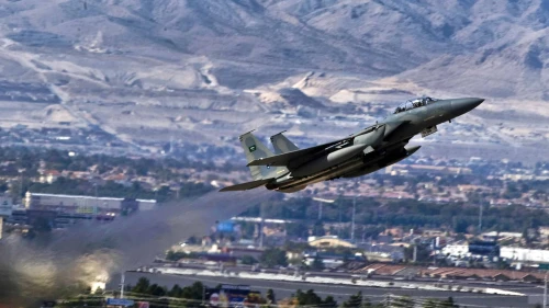 A Royal Saudi Air Force F-15 Strike Eagle departs for a training mission over the Nevada Test and Training Range in the U.S., Jan. 27, 2011. Photo by Senior Airman Brett Clashman/U.S. Air Force via Wikimedia Commons.