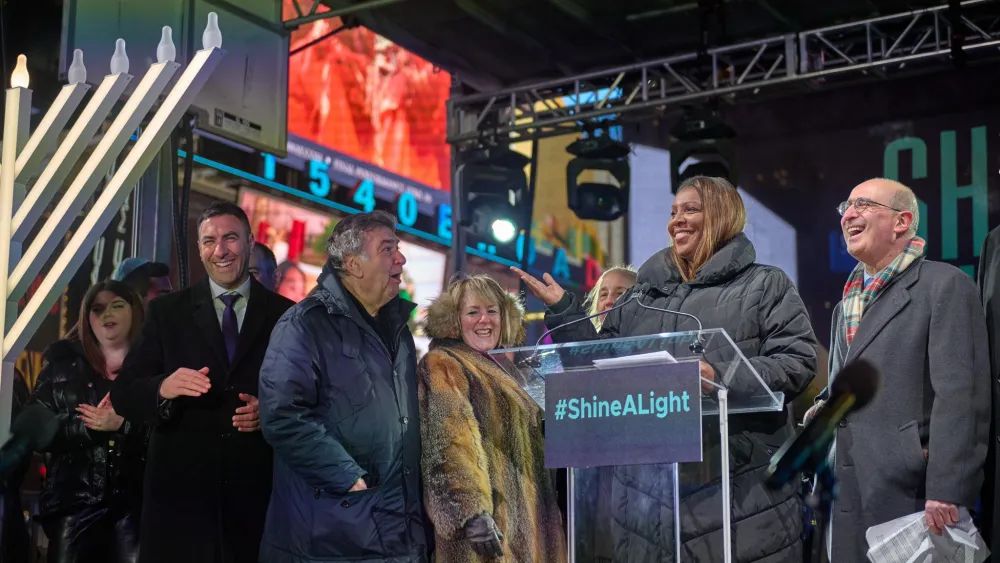 New York Attorney General Letita James speaks to the crowd gathered in Manhattan on the second night of Hanukkah. Photo by Perry Bindelglass Courtesy of The Jewish Community Relations Council of New York.