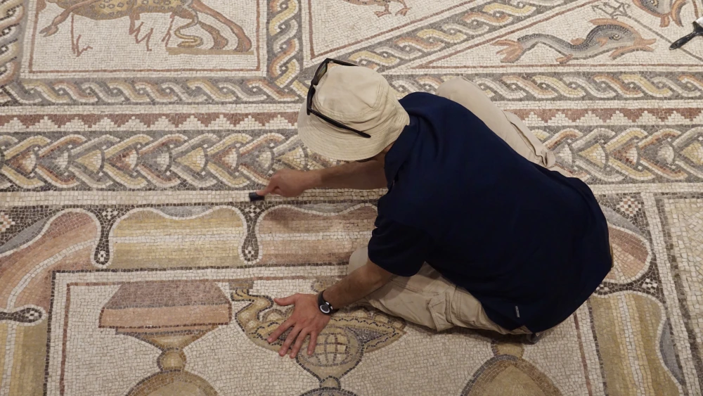 Last-minute touches to a 1,700-year-old mosaic before the official dedication of the Shelby White and Leon Levy Lod Mosaic Archaeological Center in Lod, Israel, on June 28, 2022. Photo: Judy Lash Balint.