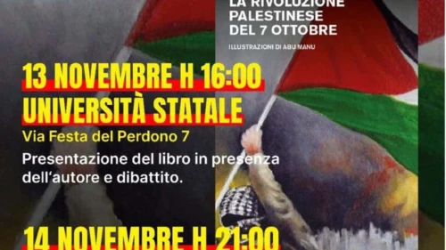A flier promoting a book tour event at the University of Milan on Nov. 13, 2024, that celebrates the Oct. 7, 2023, massacres. Credit: Courtesy of Mosaico-CEM.
