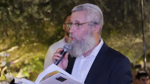 Rabbi Tamir Granot officiates at the wedding of his late son's ex-fiancée in Caesarea on Aug. 11, 2025. Credit: Courtesy of Granot.