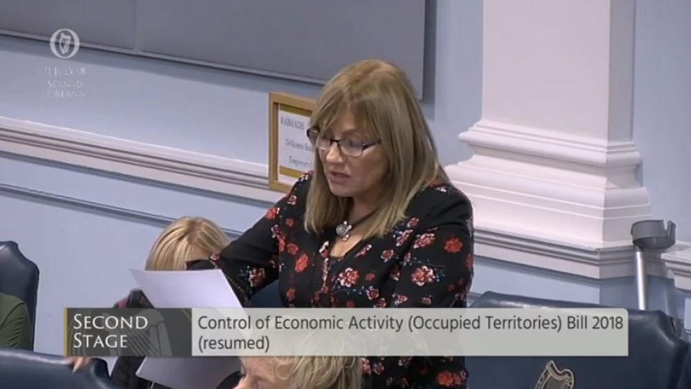 Irish Senator Frances Black speaking in favor of her bill to boycott goods from Israeli settlements. Credit: Screenshot.