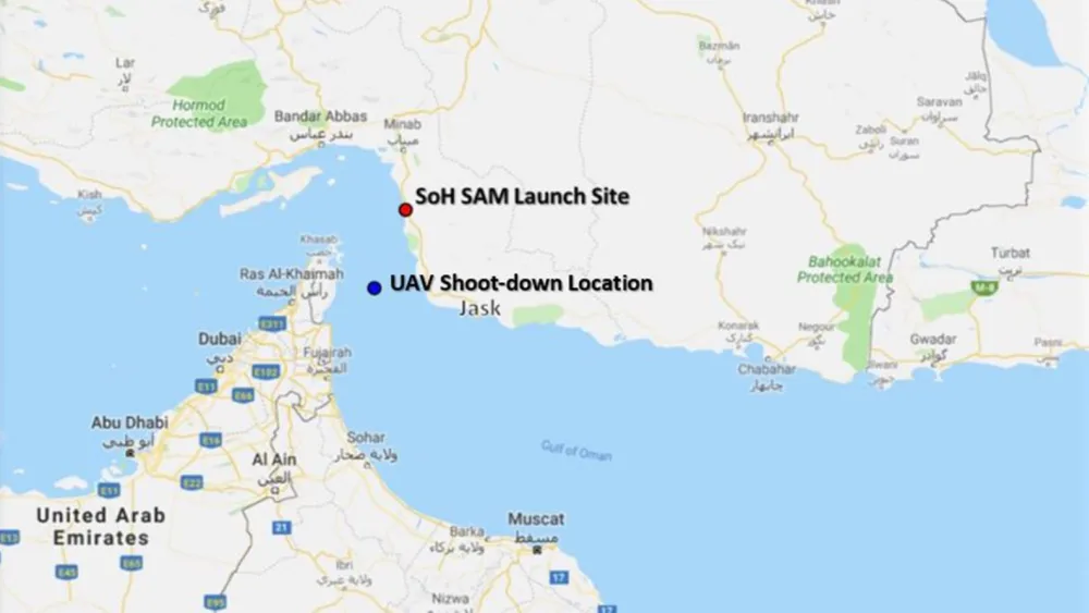 The location where the U.S. Navy RQ-4 was downed by a surface-to-air missile fired by Iran, according to U.S. military officials. Credit: Department of Defense.