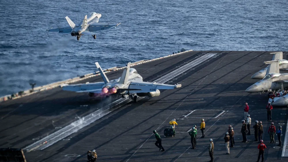 U.S. Navy F/A-18 Super Hornets and EA-18G Growlers launch from the aircraft carrier USS Abraham Lincoln in the Arabian Sea on May 9, 2026. Source: @CENTCOM/X.