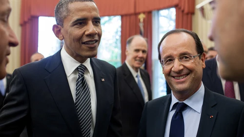 Click photo to download. Caption: U.S. President Barack Obama (left) and French President François Hollande in the White House on May 18, 2012. Credit: Pete Souza/White House photo.