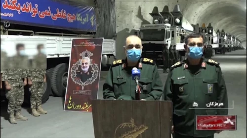 IRGC Commander-in-Chief Maj. Gen. Hossein Salami (center) at the unveiling of a new Iranian missile base. Credit: MEMRI.