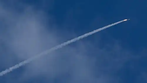 An anti-missile system fires interception missiles as rockets fired from Lebanon, near the Israeli border with Lebanon, Oct. 13, 2024. Photo by Ayal Margolin/Flash90.