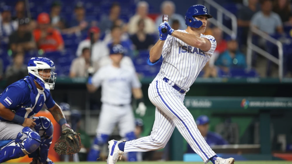 First baseman Matt Mervis of Team Israel bats against Nicaragua at the World Baseball Classic in Miami, March 12, 2023. Credit: Courtesy of Major League Baseball.
