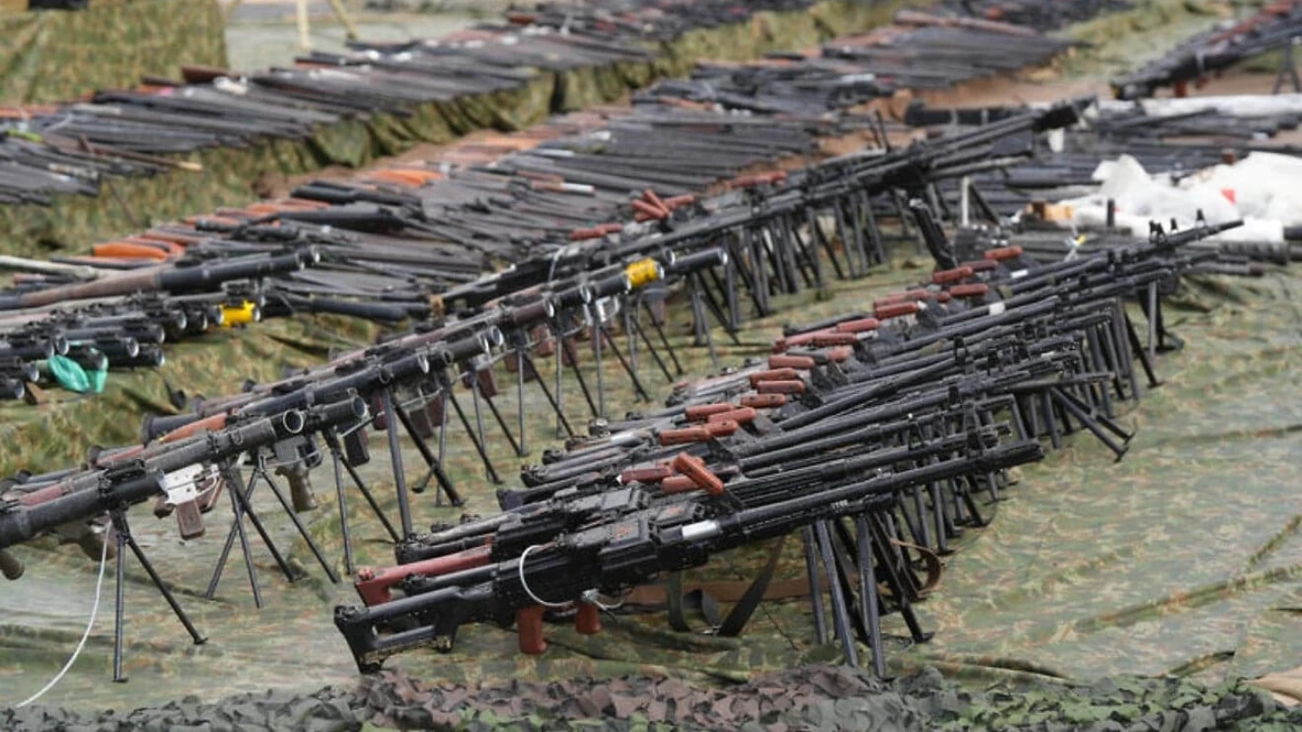 A display of weapons confiscated from Lebanon during the Iron Swords War, in Northern Israel. December 31, 2024. Photo by Ayal Margolin/Flash90 *** Local Caption *** תצוגת השלל מלבנון במלחמת חרבות ברזל