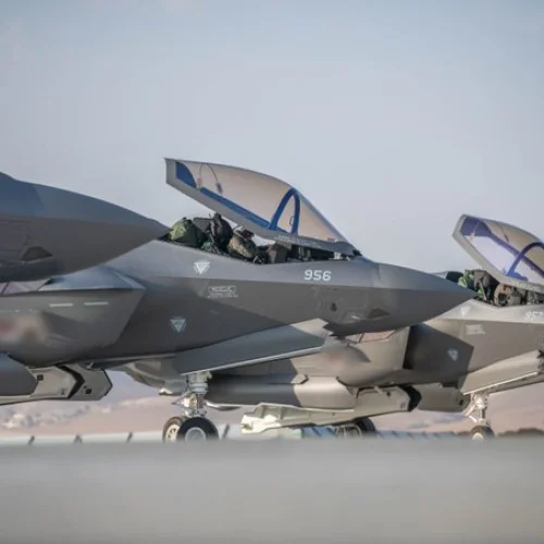 Three IAF F-35i “Adir” aircraft upon their arrival at Israel's Nevatim Airbase near Beersheva on Nov. 13, 2022. Credit: IDF.