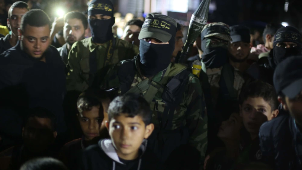 Members of Al-Quds Brigades organize a memorial service for fellow member Khaled Farraj, who was killed during an Israeli air strike during an escalation of fighting between Israel and the Palestinian Islamic Jihad in the Gaza Strip, on Nov. 15, 2019. Photo by Hassan Jedi/Flash90.
