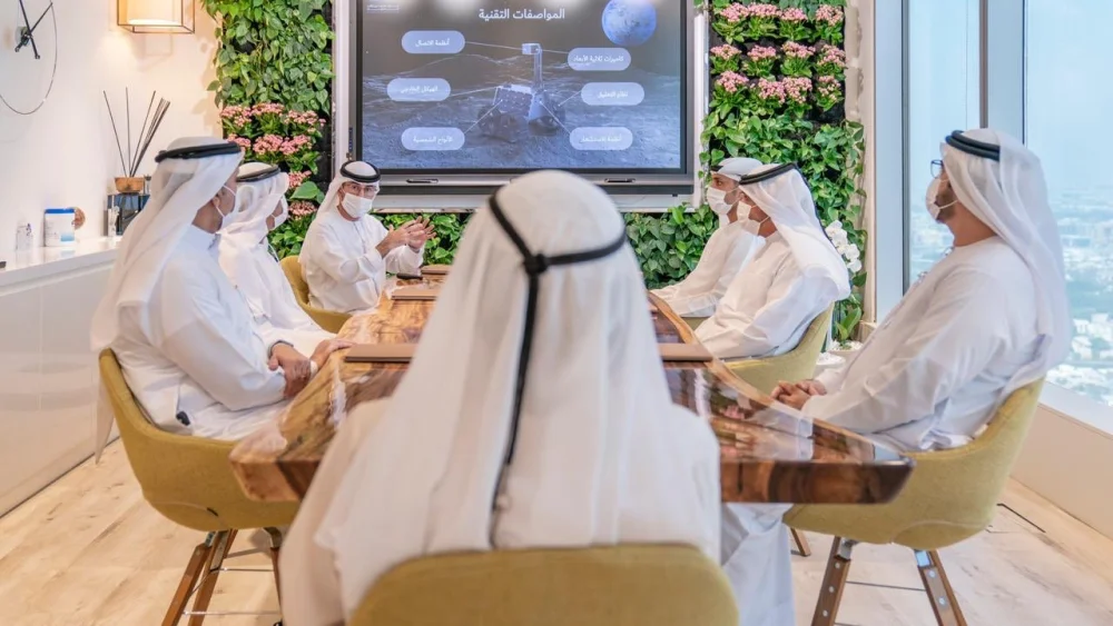 Emirati officials brief Dubai ruler and UAE Vice President Sheikh Mohammed bin Rashid Al Maktoum about a possible moon mission, Sept. 29, 2020, in Dubai, United Arab Emirates. Source: Sheikh Mohammed bin Rashid Al Maktoum/Twitter.