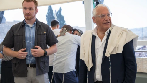 U.S. Ambassador to Israel David Friedman visits the Western Wall in Jerusalem for the priestly blessing for Kohenim during the intermediate days of the Jewish holiday of Passover. He is encouraging an official mezzuzah-hanging ceremony for May 14, 2018, when the new U.S. Embassy in Jerusalem is scheduled to be dedicated. Photo by Noam Revkin Fenton/Flash90.