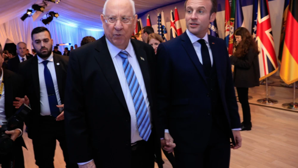 Israeli President Reuven Rivlin with French President Emmanuel Macron at the President's Residence in Jerusalem, Jan. 22, 2020. Photo by Olivier Fitoussi/Flash90.