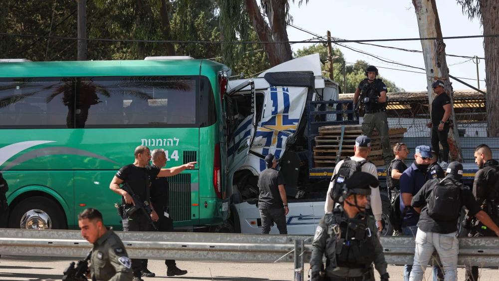 The scene where a truck rammed into a bus stop near Glilot in central Israel, Oct. 27, 2024. Photo by Itai Ron/Flash90.