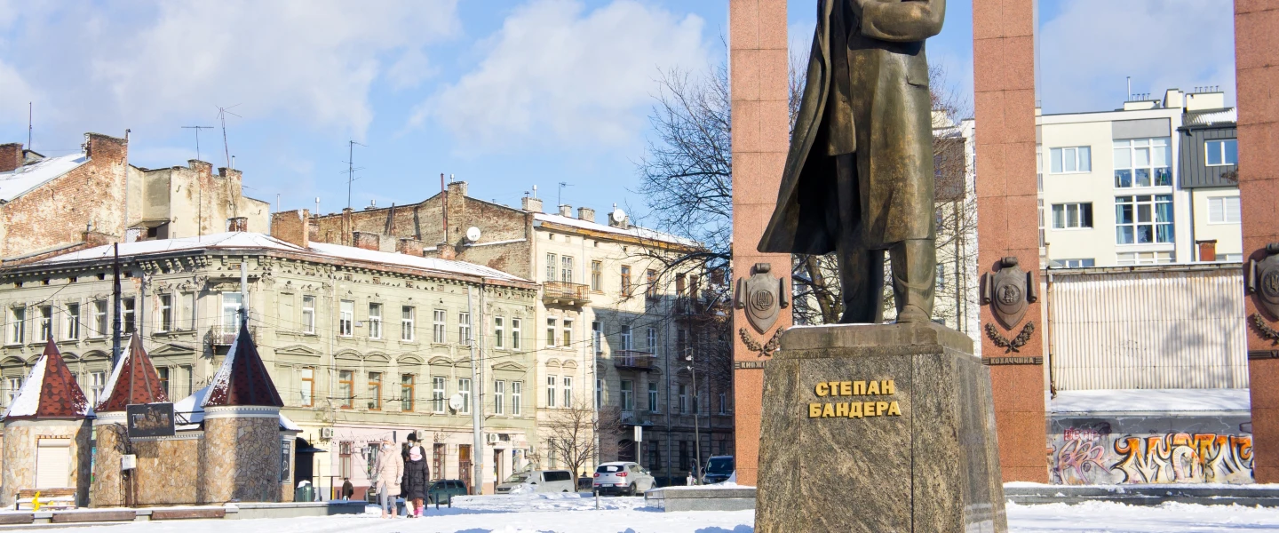A monument to Nazi sympathizer Stepan Bandera, hailed as a national hero of Ukraine, in Lviv, Ukraine. Credit: Shutterstock.