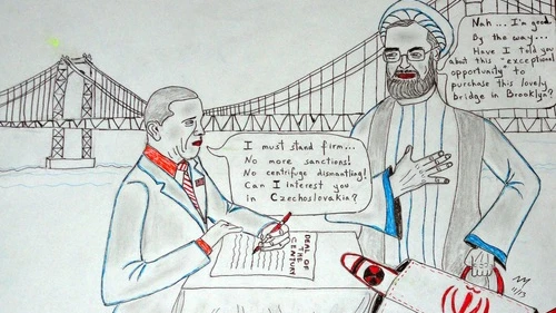 "Bizarre Bazaar," a political cartoon on negotiations with Iran by Nathan Moskowitz.
