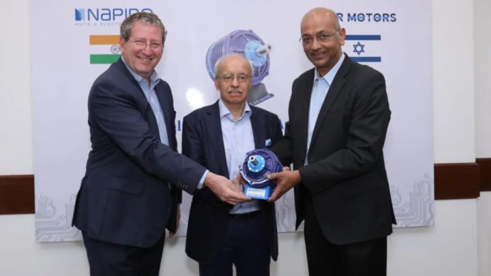 From left, EVR Motors CEO Opher Doron, Napino Auto Group CMD Vipin Raheja and Napino Group CEO Naveen Kumar. Credity: Courtesy of Napino.