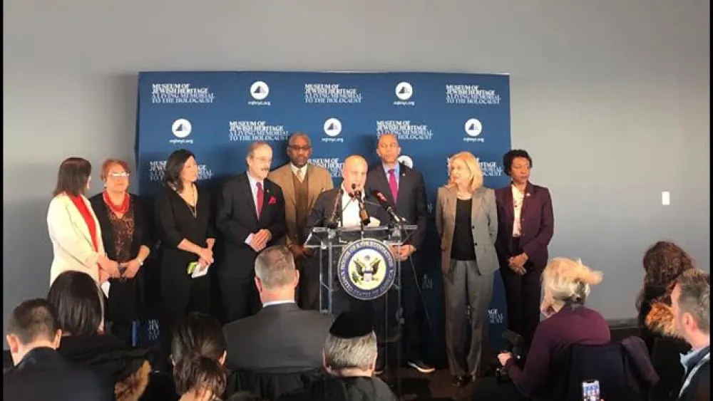 New York Democratic Reps. Max Rose, Jerrold Nadler, Yvette Clarke, Eliot Engel, Hakeem Jeffries, Carolyn Maloney, Nita Lowey, Gregory Meeks, Grace Meng, and Nydia Velázquez address a press conference at the Museum of Jewish Heritage–A Living Memorial to the Holocaust in New York follows a rising trend of both anti-Semitism and terrorist attacks on religious institutions. Credit: Office of Rep. Max Rose (D-N.Y.).