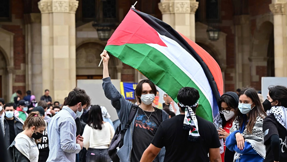 Pro-Palestinian students and activists demonstrate at the University of California, Los Angeles (UCLA) on April 25, 2024. Photo by Frederic J. Brown/AFP via Getty Images.