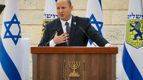 Israeli Prime Minister Naftali Bennett speaks at a ceremony marking Memorial Day for Israel's Fallen Soldiers and Victims of Terror, at “Yad LeBanim” in Jerusalem on May 3, 2022. Photo by Marc Israel Sellem/POOL.
