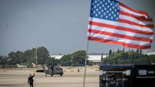 A U.S. Army helicopter lands at Israel's Ben-Gurion International Airport, July 15, 2022. Photo by Yonatan Sindel/Flash90.